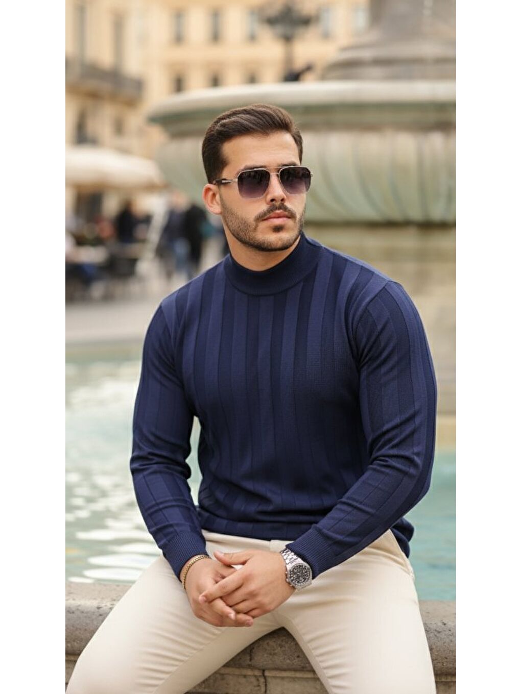 Lacivert Erkek Yarım Balıkçı Yaka Kabartma Desenli Triko-3