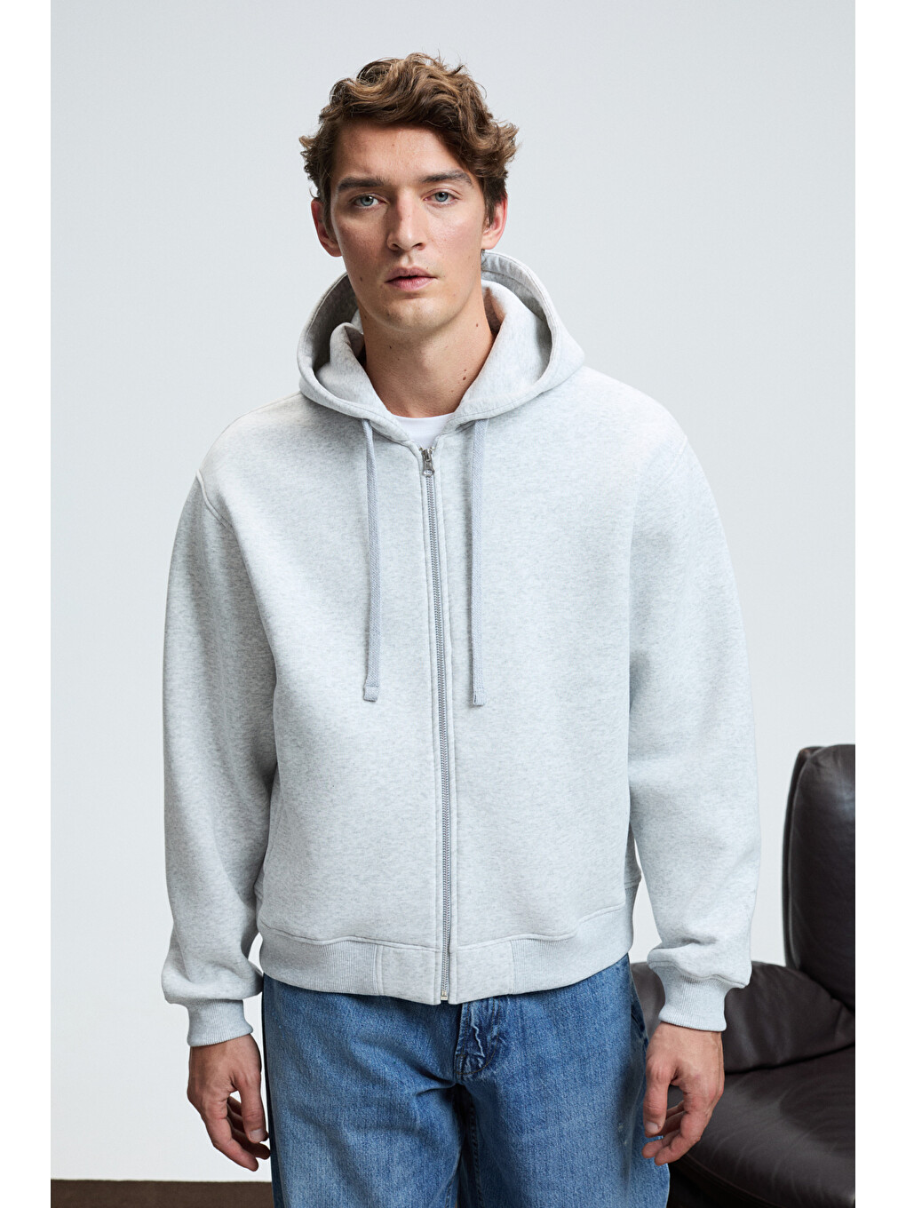 Ashby Erkek Kapüşonlu Fermuarlı Cepli Kordonlu Boxy Kalıp Gri Melanj Sweatshirt-4