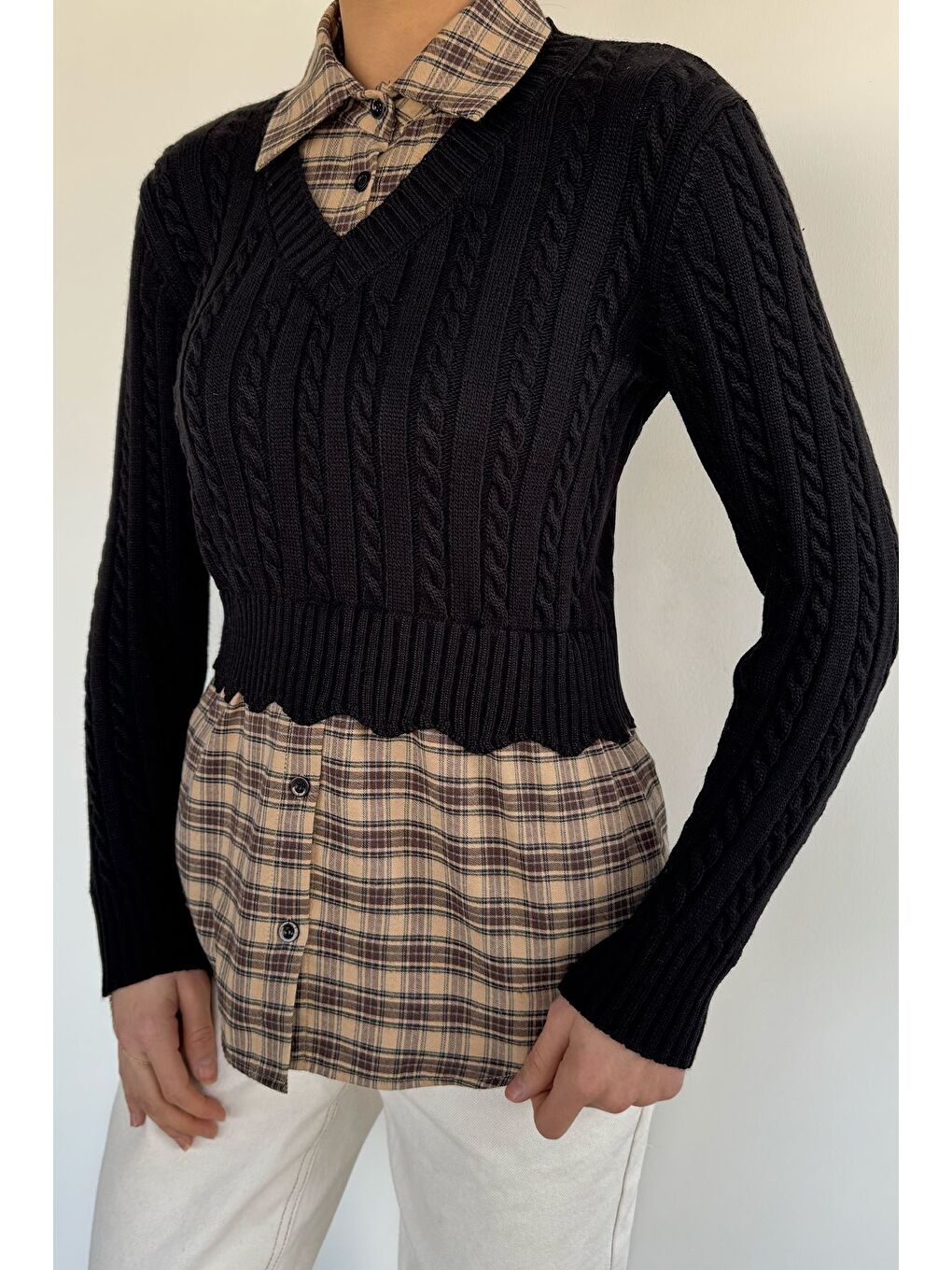 Siyah Kadın Gömlek Garnili Triko Bluz (s-m-l Beden Uyumludur.)-2