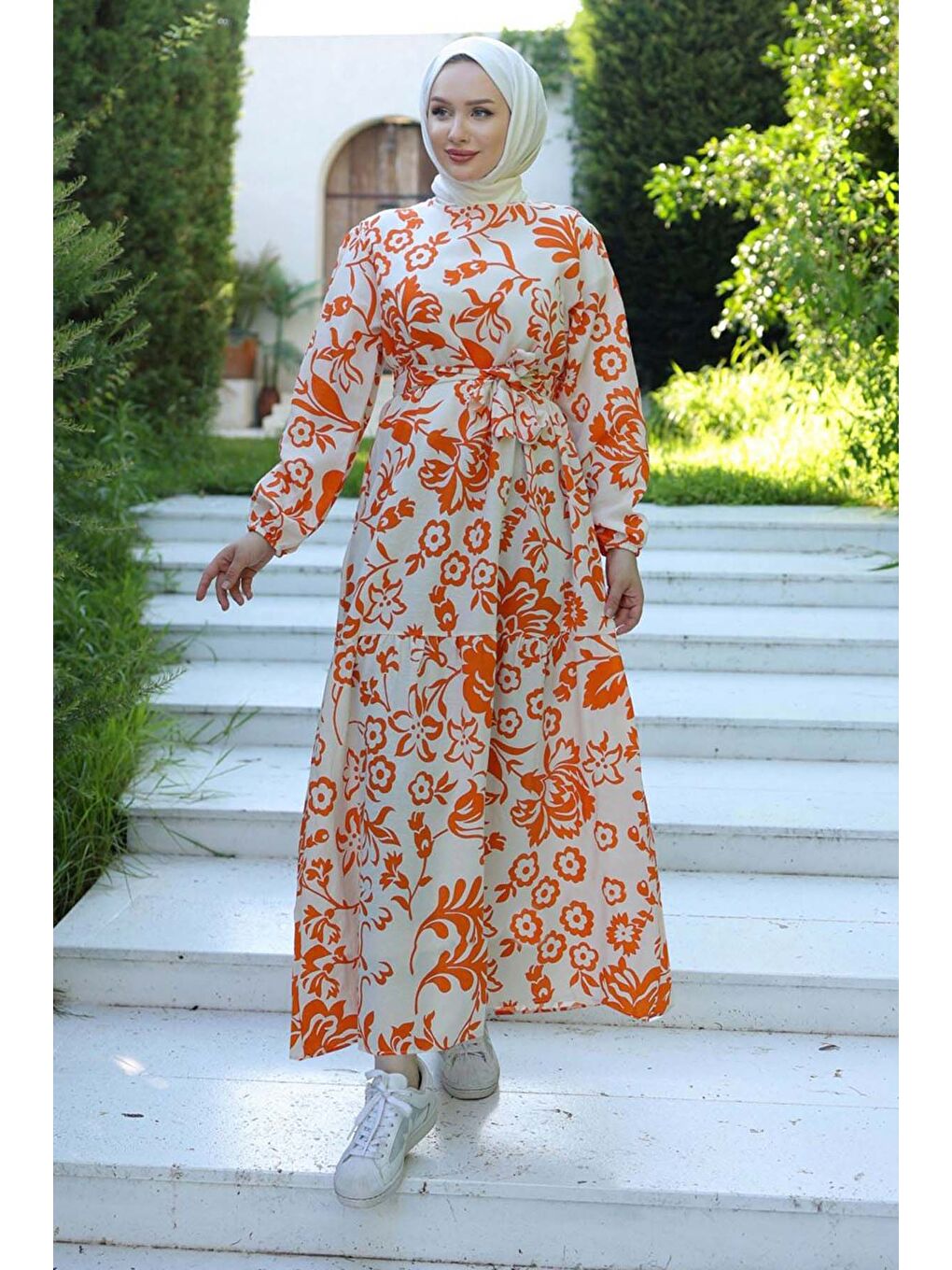 Desenli Kolu Büzgülü Elbise Beyaz - 26619-1