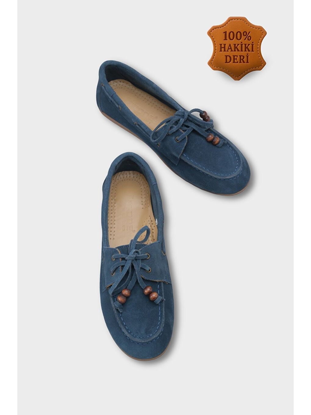 Mavi Vicki Hakiki Deri Süet Bağcıklı Boncuklu Konfor Kadın Loafer Tekne Ayakkabısı-1