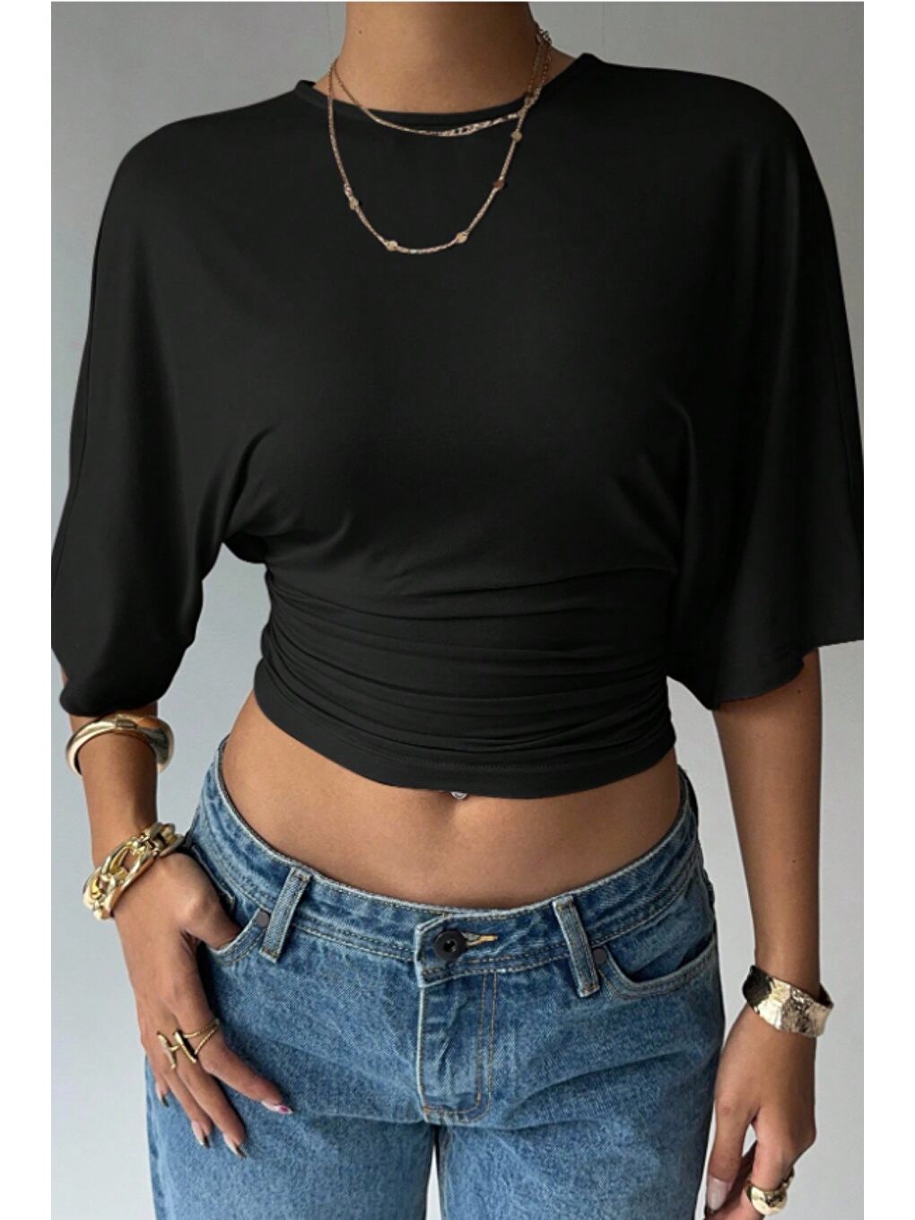 Siyah Kadın Crop Bluz Yarım Kol Salaş Fit Yüksek Bel Büzgülü Basic Tişört-4