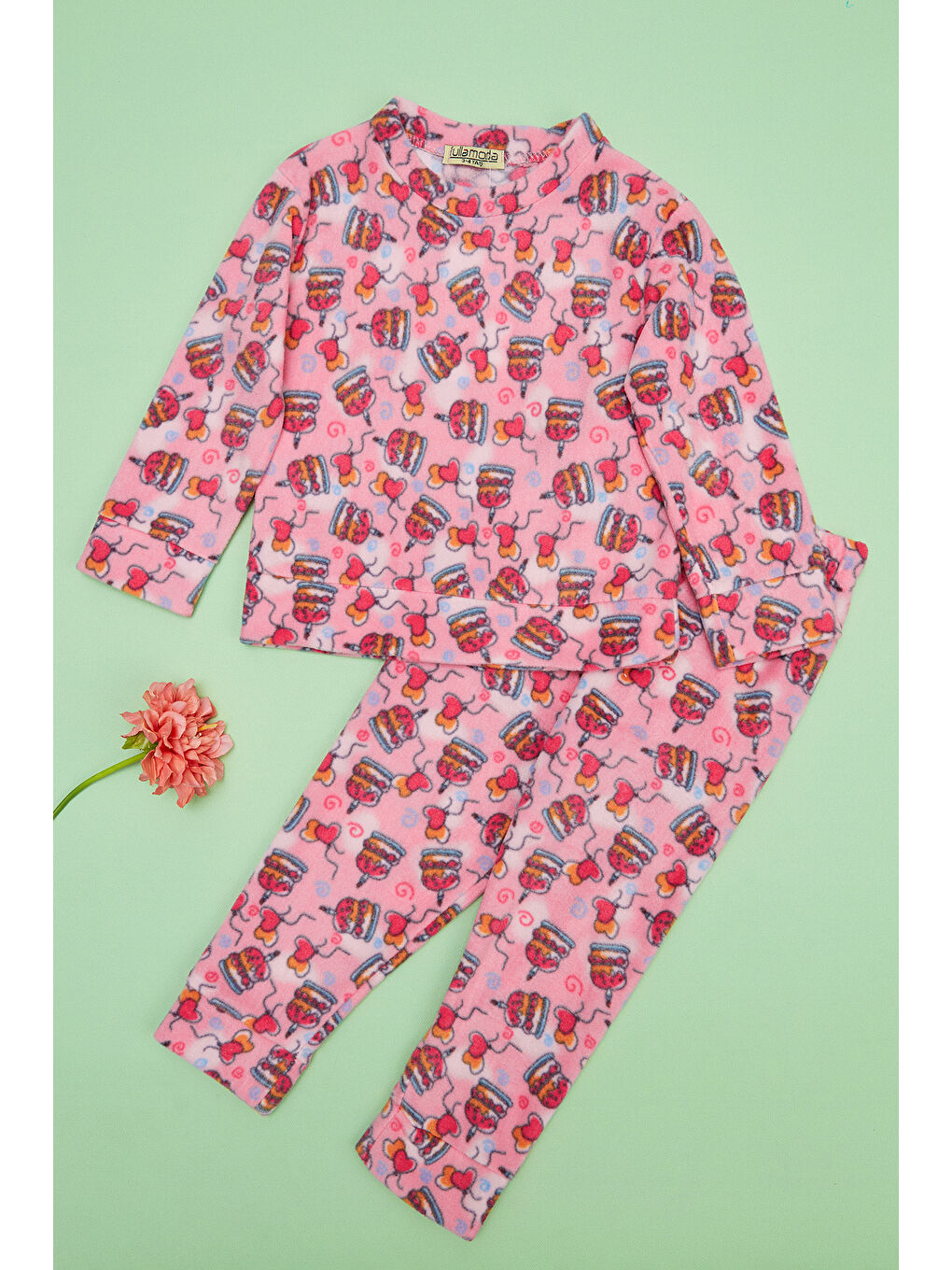 Fuşya Pasta Desenli Polar Kız Çocuk Pijama Takımı-2