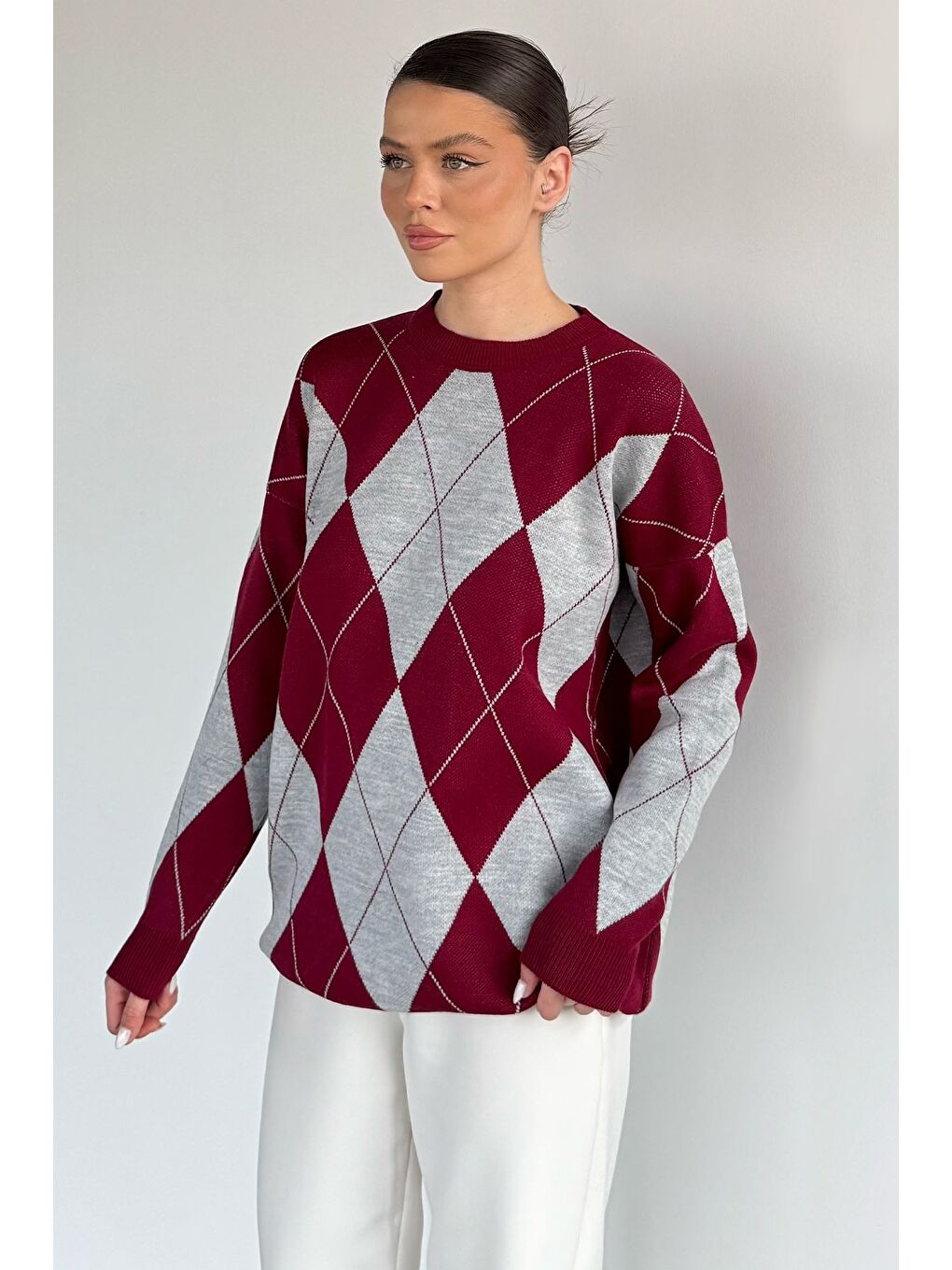 Bordo Kadın Bisiklet Yaka Ekose Desenli Triko Kazak-1