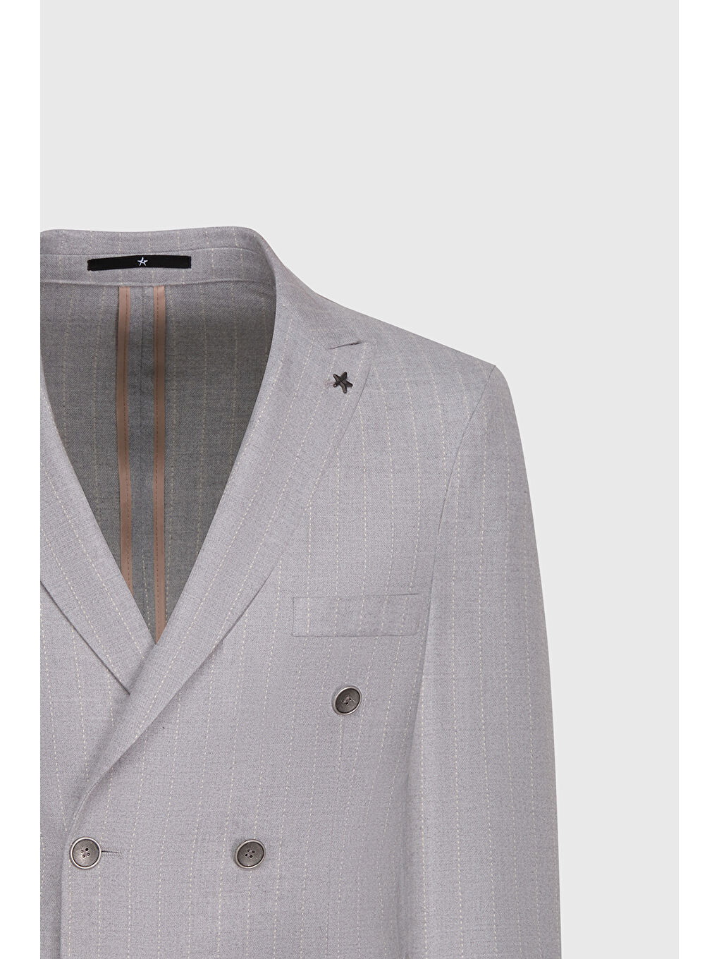 Erkek Gri-Bej Slim Fit Dar Kesim Kırlangıç Yaka Çizgili Torba Cepli Ceket-4
