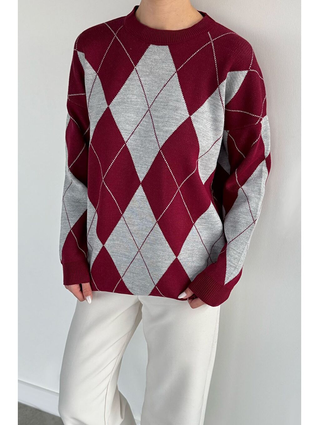 Bordo Kadın Bisiklet Yaka Ekose Desenli Triko Kazak-2