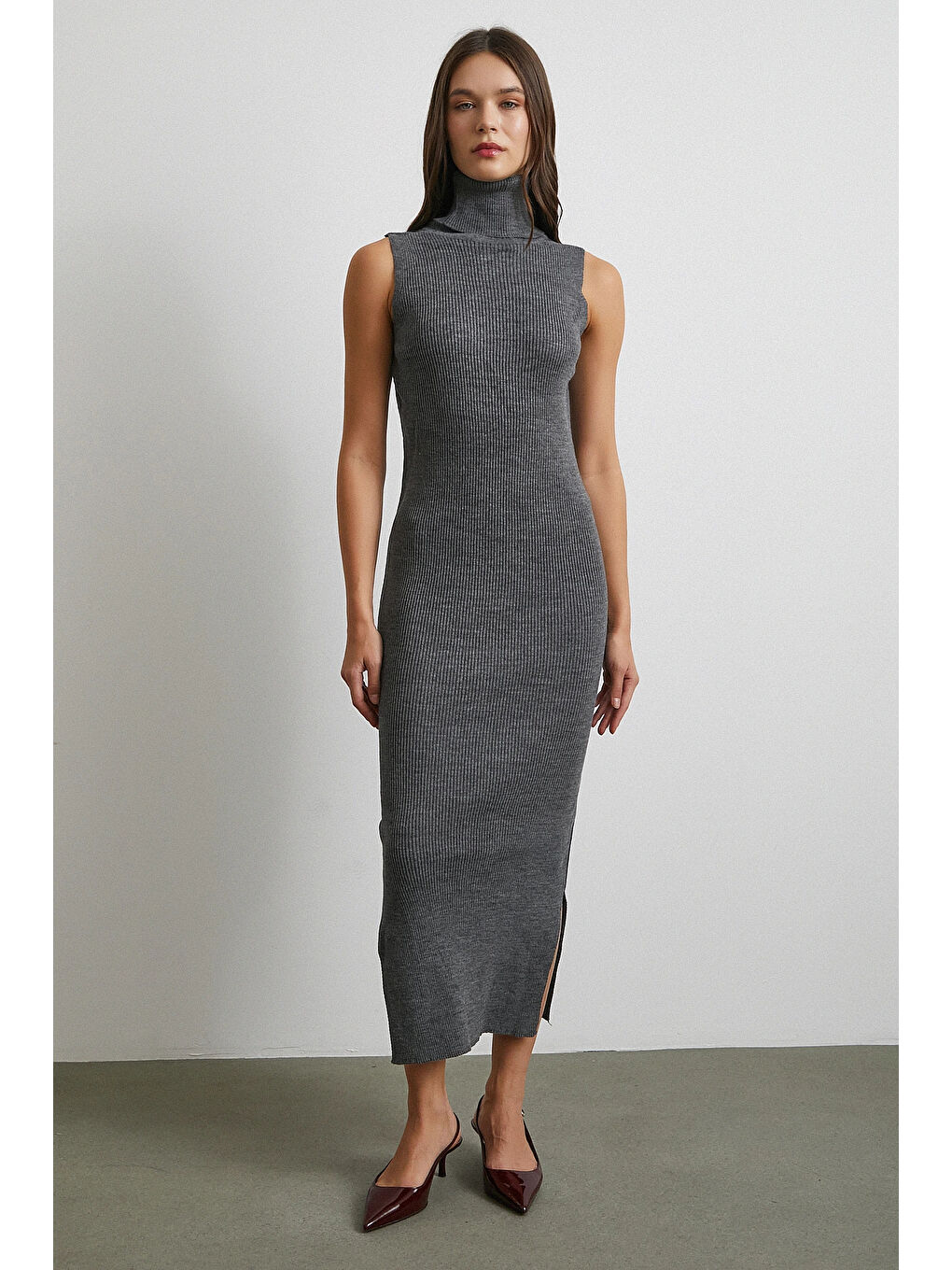 Uzun Elbiseli Hırka Triko Takım Gri-3