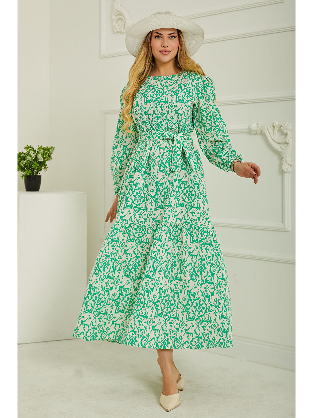 Desenli Kolu Büzgülü Elbise Beyaz - 26619-2