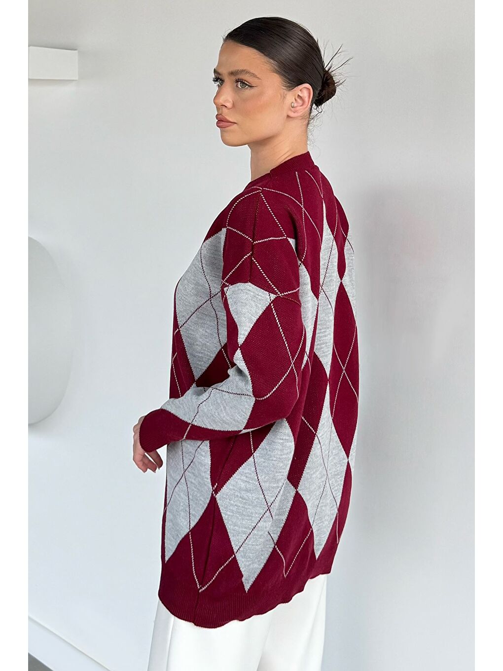 Bordo Kadın Bisiklet Yaka Ekose Desenli Triko Kazak-3