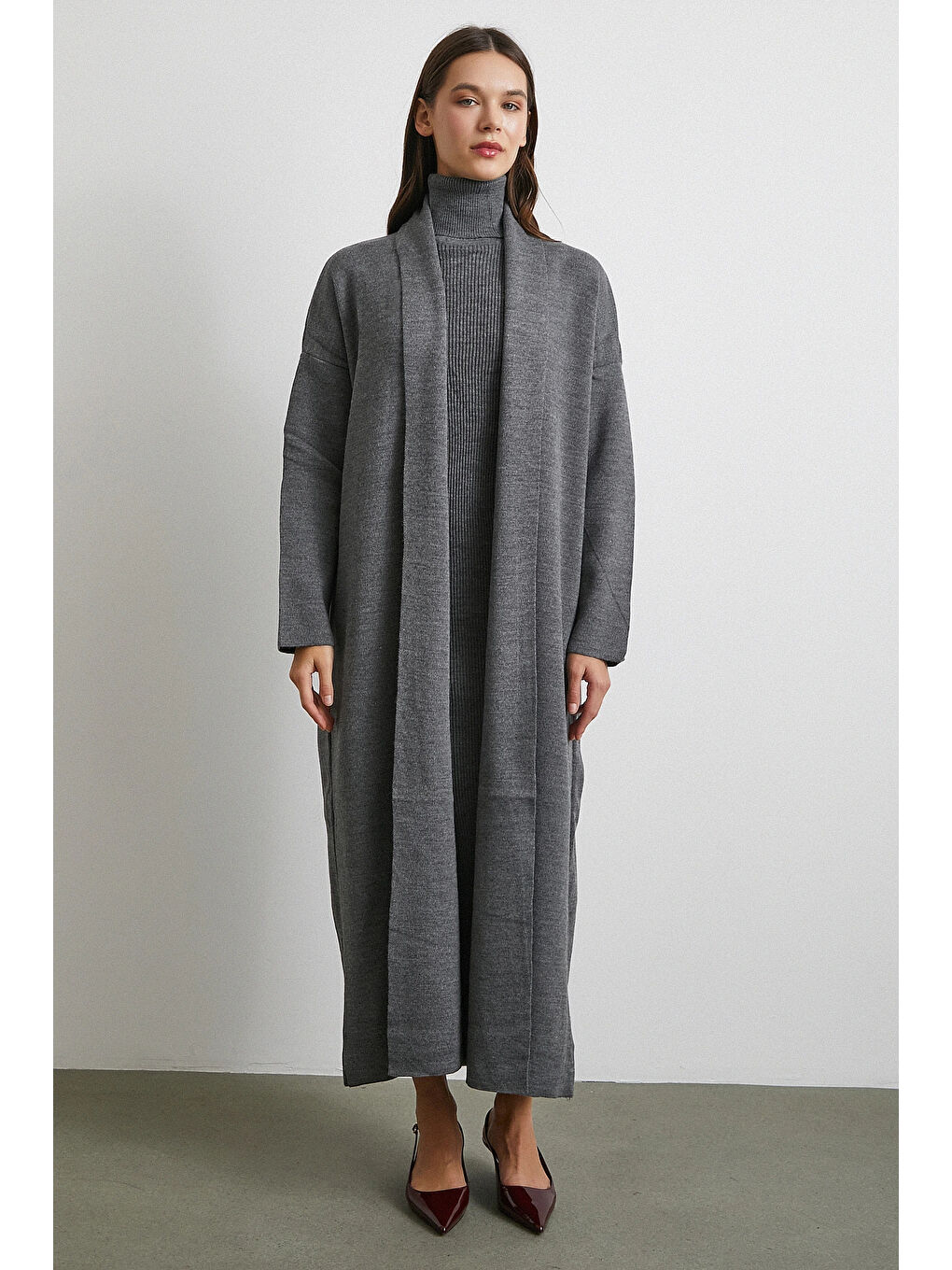 Uzun Elbiseli Hırka Triko Takım Gri-4