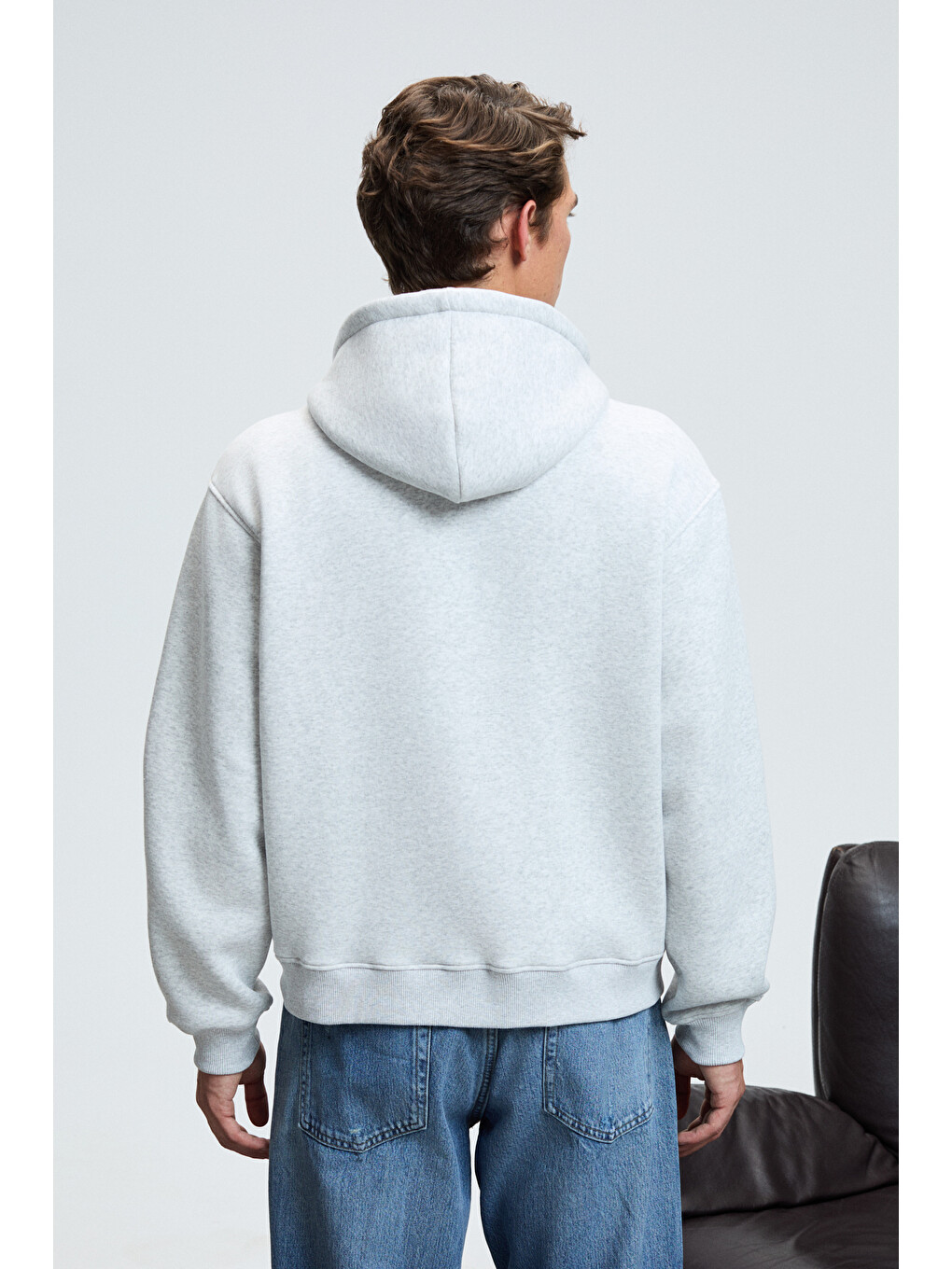 Ashby Erkek Kapüşonlu Fermuarlı Cepli Kordonlu Boxy Kalıp Gri Melanj Sweatshirt-5