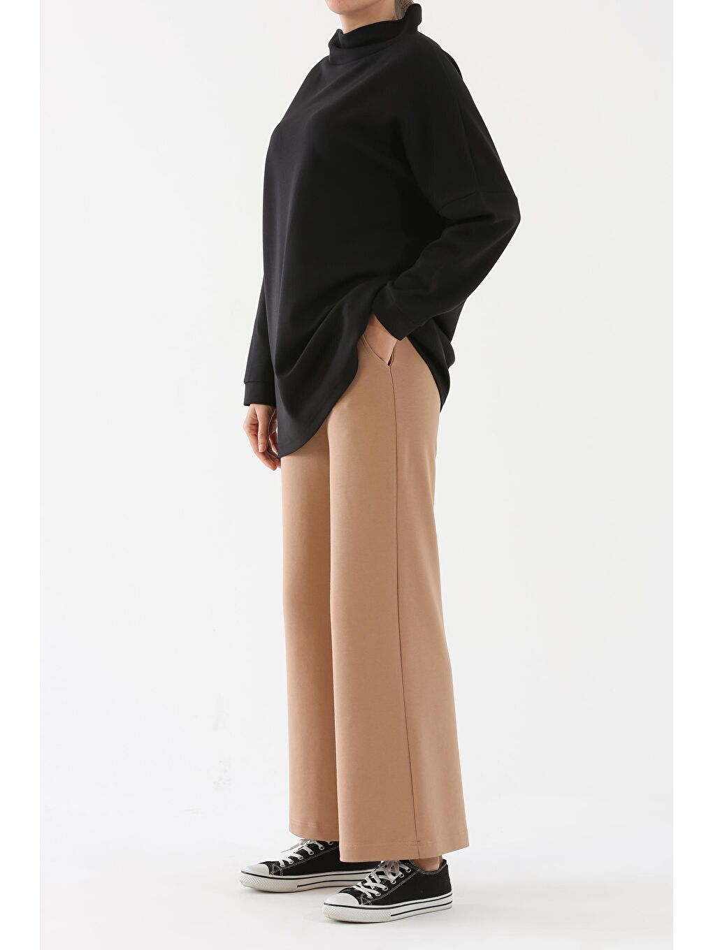 Bej Bisküvi Lastikli Bol Paça Eşofman Altı-1