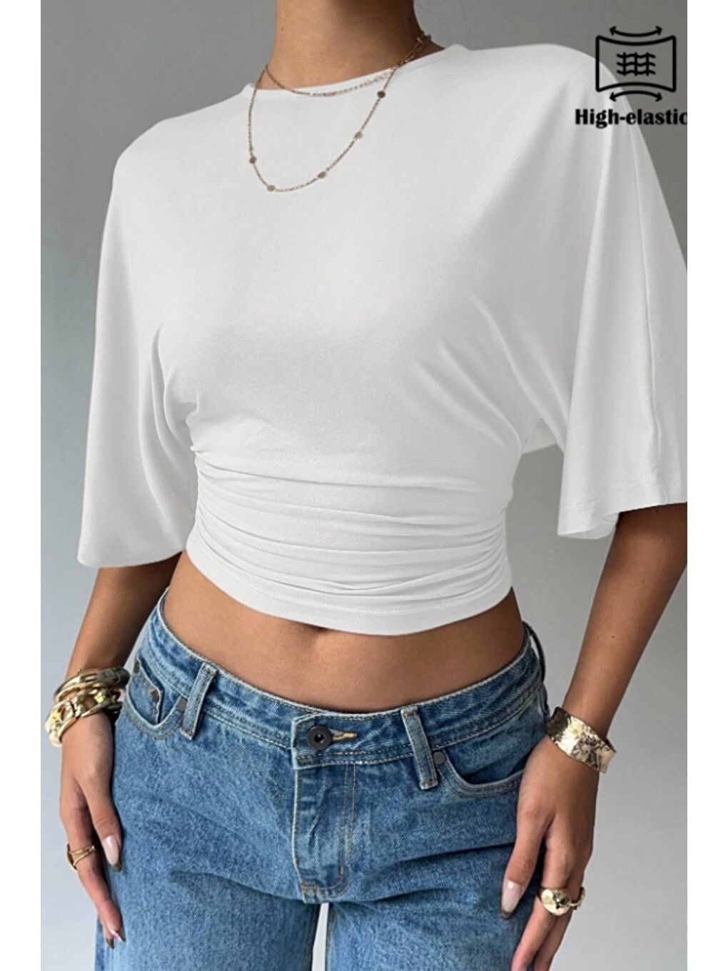 Beyaz Kadın Crop Bluz Yarım Kol Salaş Fit Yüksek Bel Büzgülü Basic Tişört