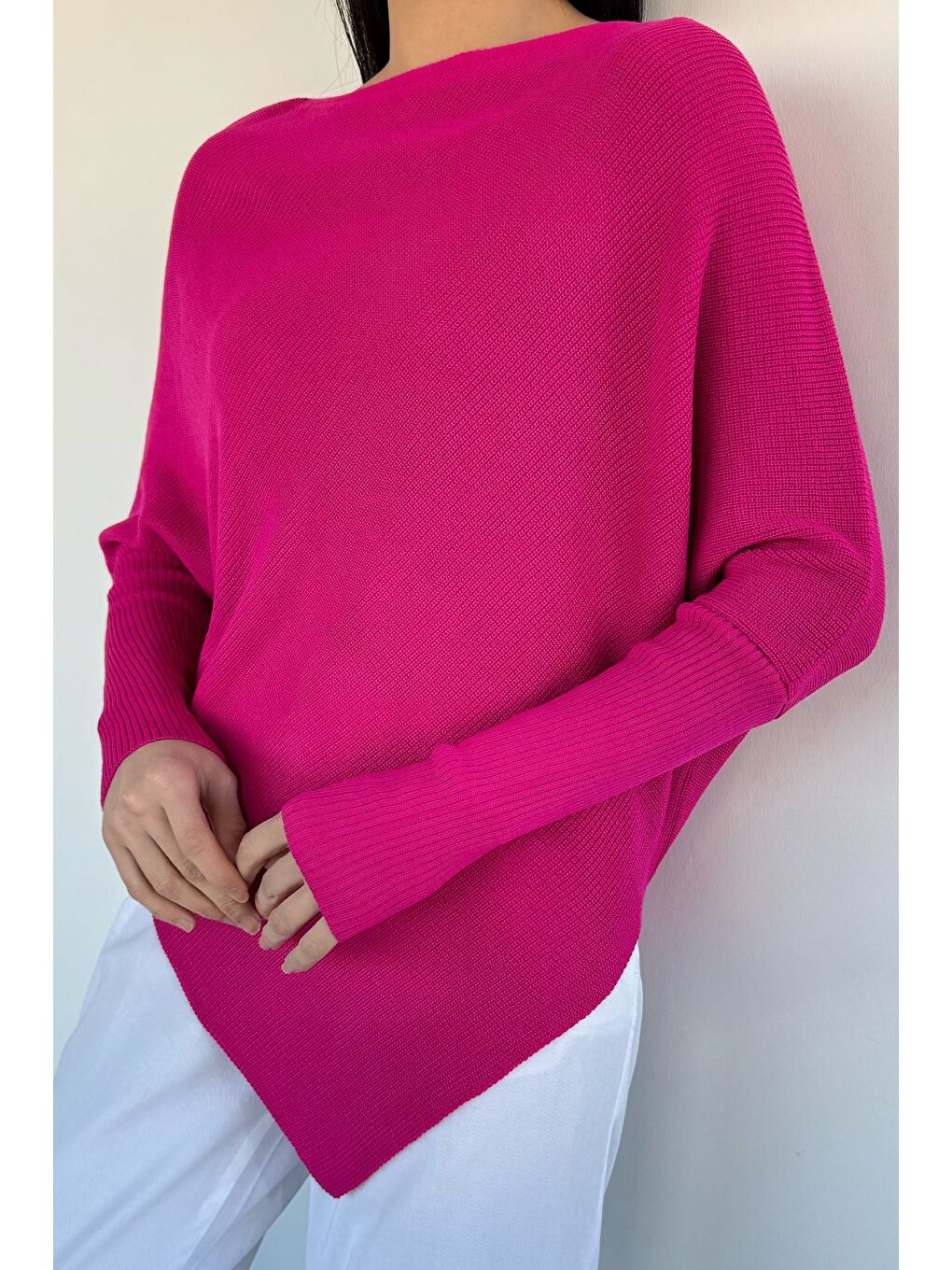Fuşya Asimetrik Kesim Triko Kazak