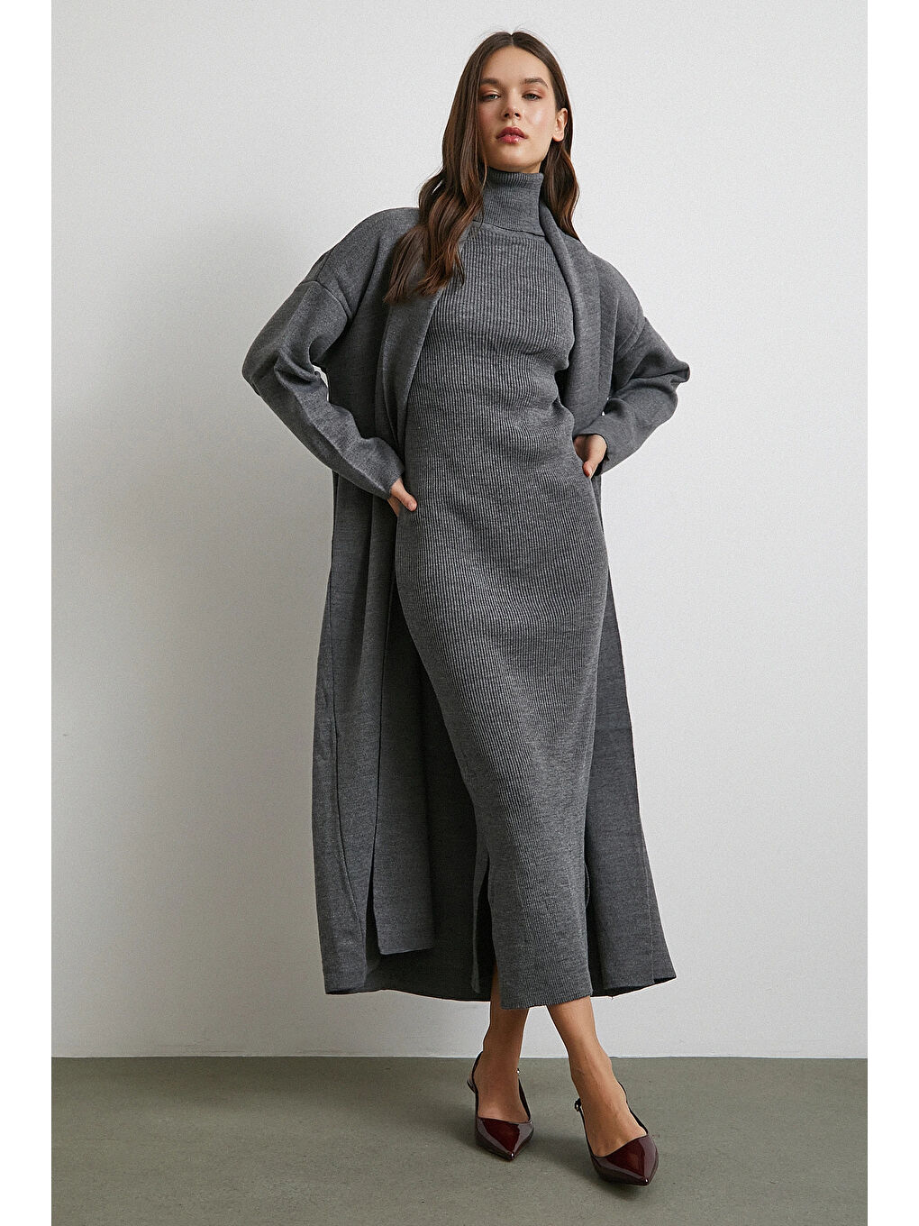 Uzun Elbiseli Hırka Triko Takım Gri-5