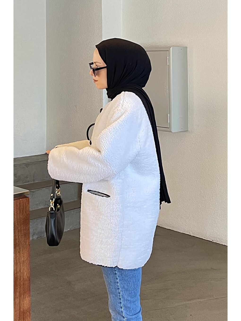 Teddy Düğmeli Çoban Mont Beyaz-1