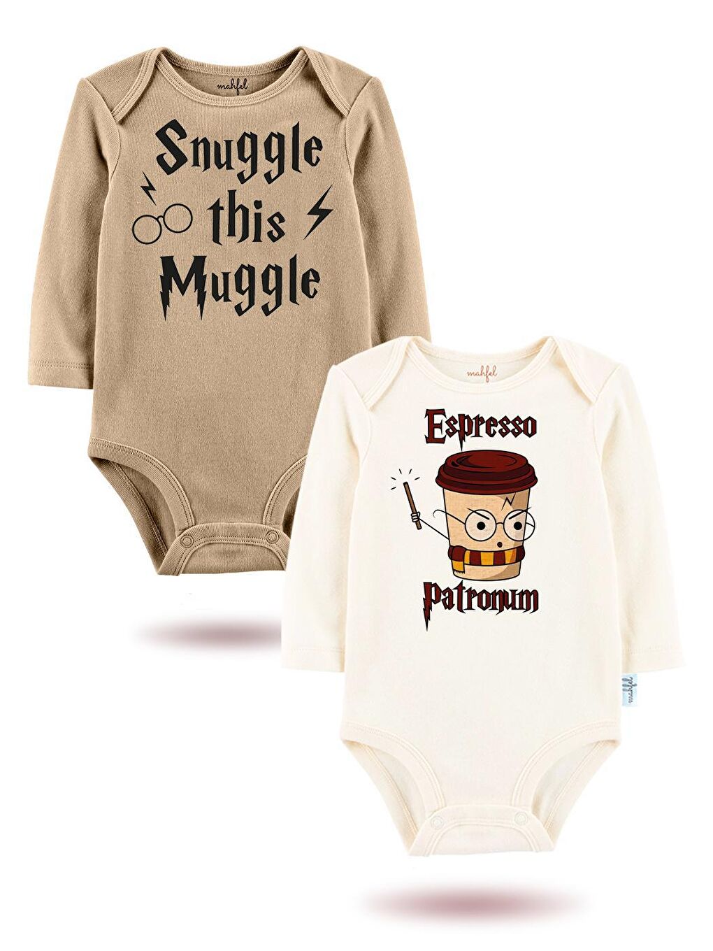 MAHFEL Ekru-Kahverengi 2'Li "ESPRESSO PATRONUM"Baskılı Uzun Kollu Unisex Bebek Çıtçıtlı Body