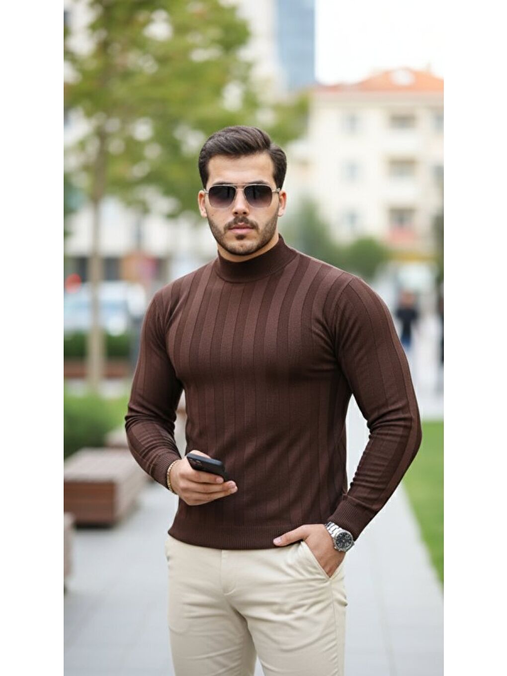 Kahverengi Erkek Yarım Balıkçı Yaka Kabartma Desenli Triko-4