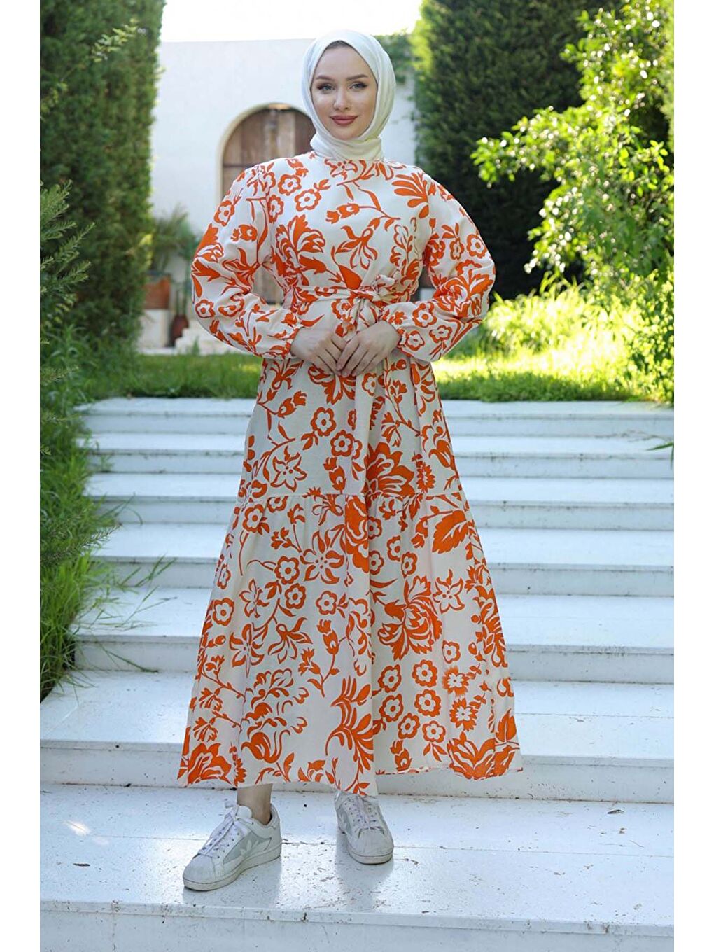 Desenli Kolu Büzgülü Elbise Beyaz - 26619-4