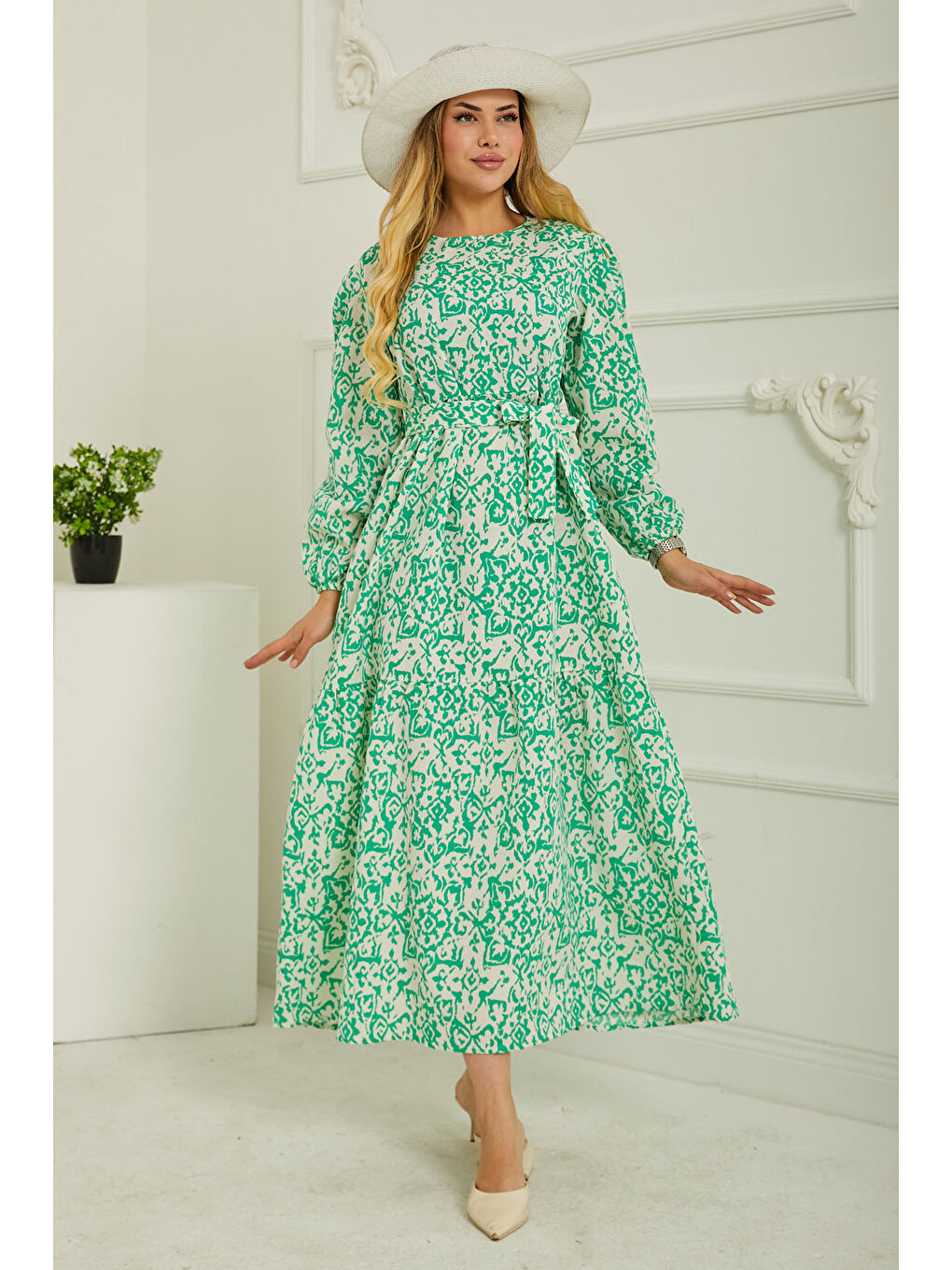 Desenli Kolu Büzgülü Elbise Beyaz - 26619-5