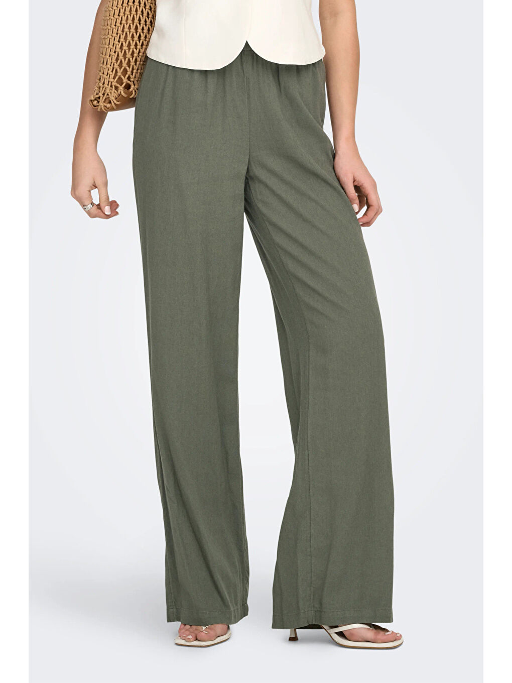 Yeşil Onlgoa Keten Karışımlı Straight Fit Orta Bel Kadın Pantolon 15363676