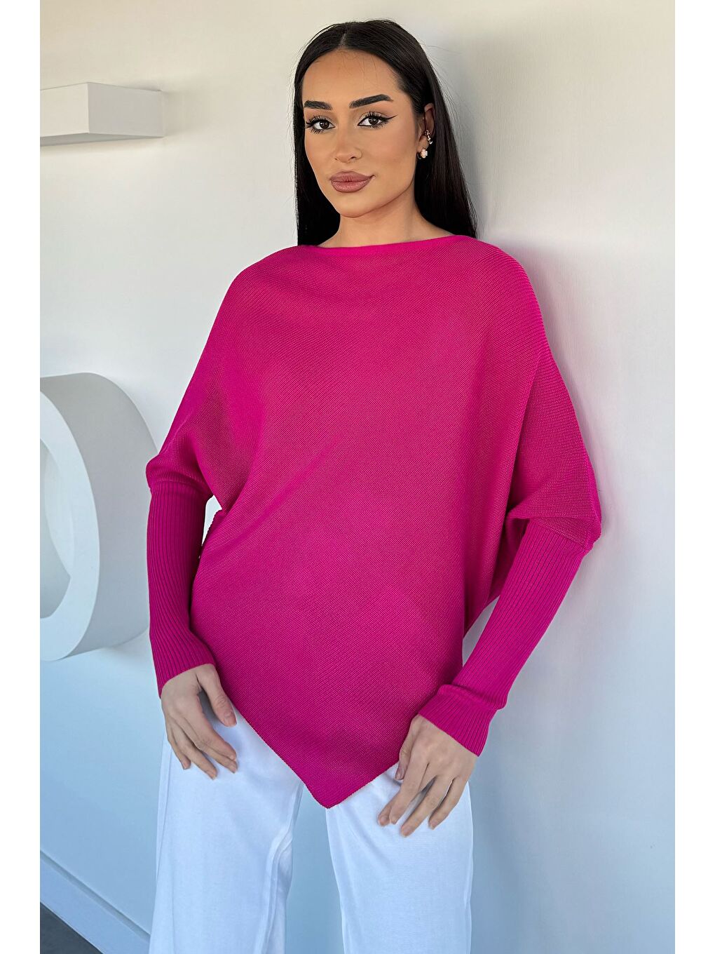 Fuşya Asimetrik Kesim Triko Kazak-2
