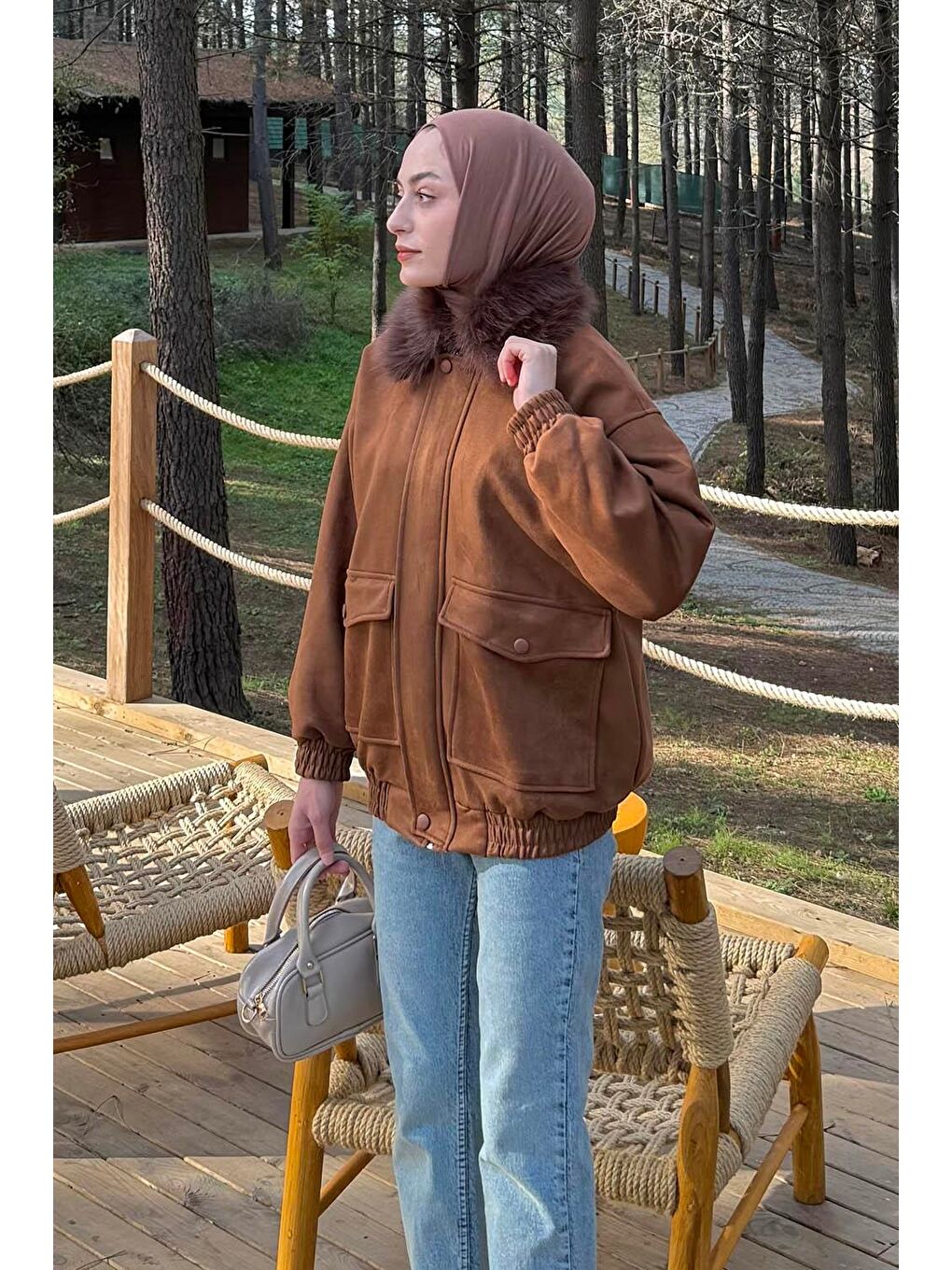 Kürk Yaka Cepli Mont Kahverengi-1