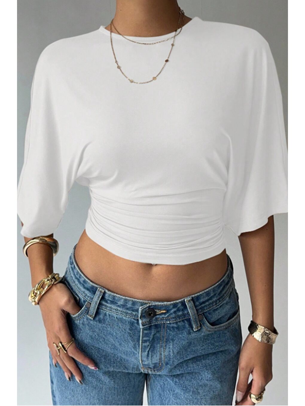 Beyaz Kadın Crop Bluz Yarım Kol Salaş Fit Yüksek Bel Büzgülü Basic Tişört-5