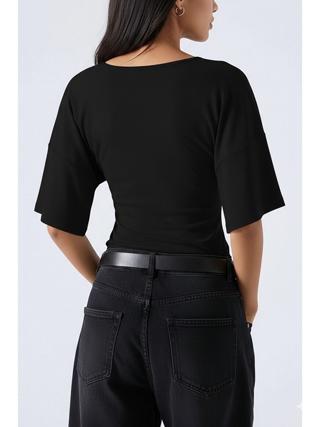 Siyah Kadın Yarasa Kol V Yaka Elastanlı Bluz & Tişört-1