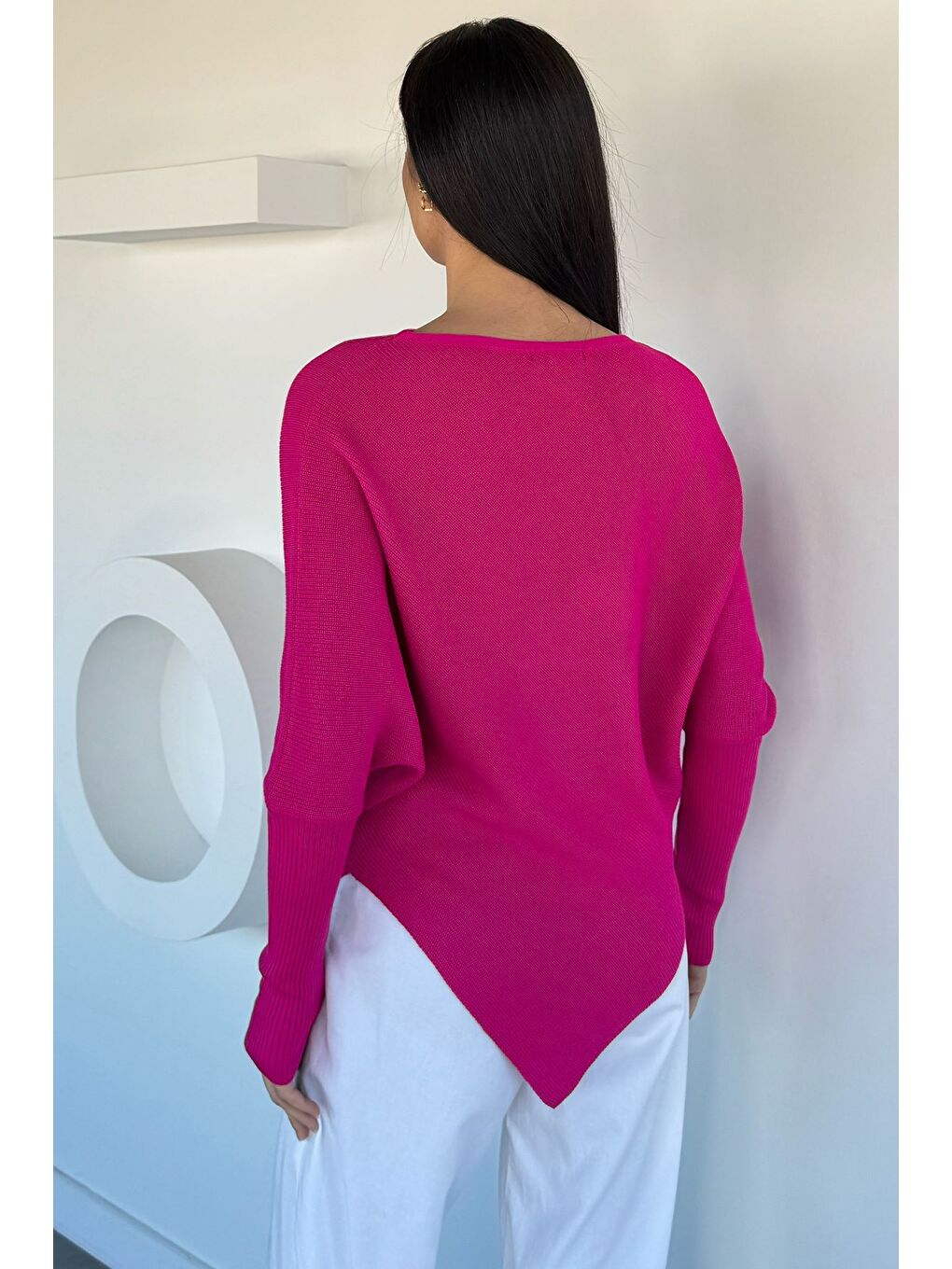 Fuşya Asimetrik Kesim Triko Kazak-3