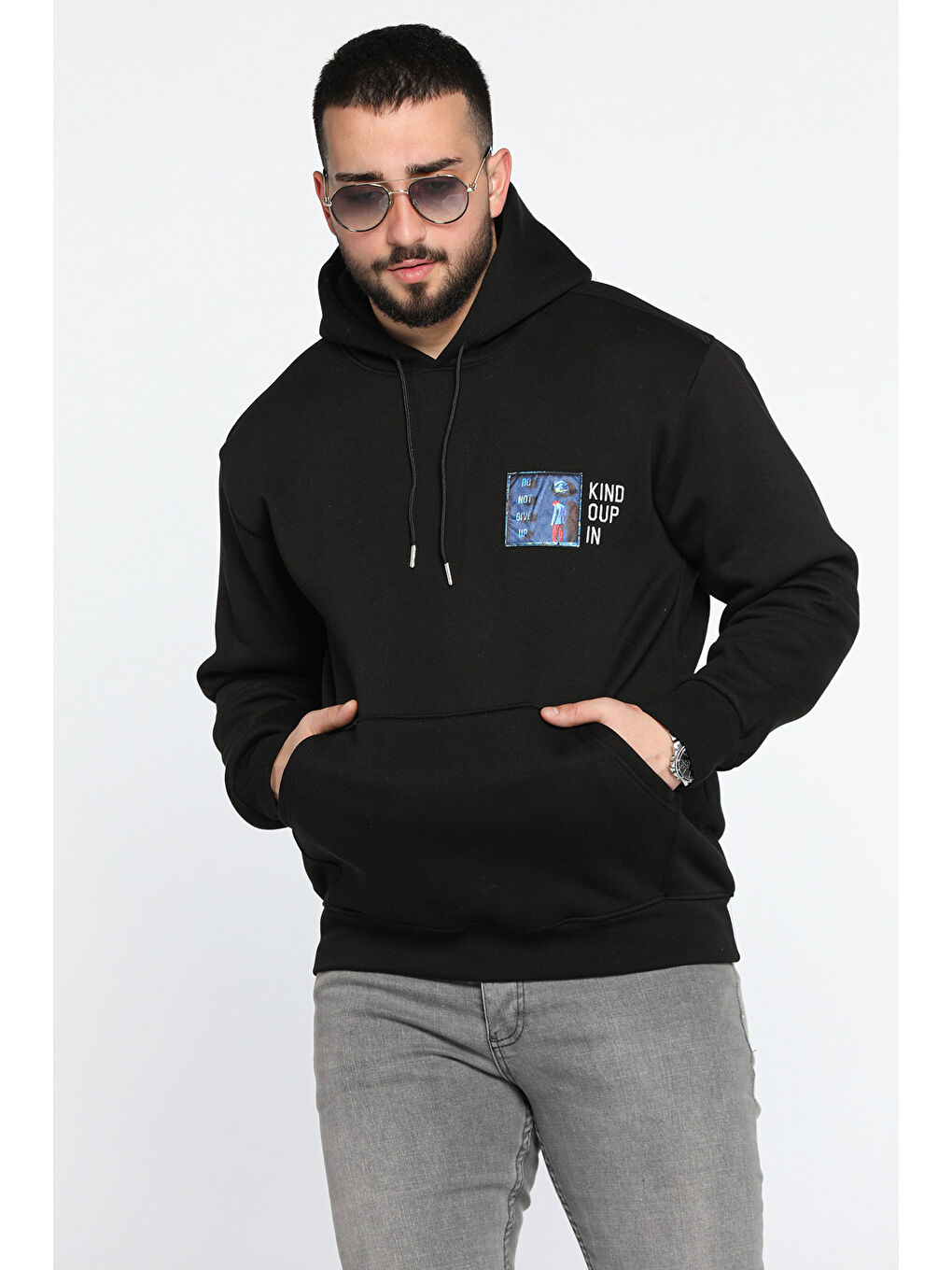 Mishar İtalia Siyah Baskılı Üç İplik Şardonlu Erkek Kapüşonlu Sweatshirt