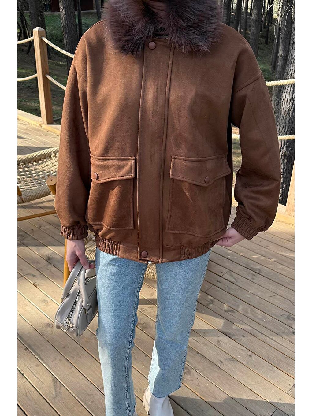 Kürk Yaka Cepli Mont Kahverengi-2