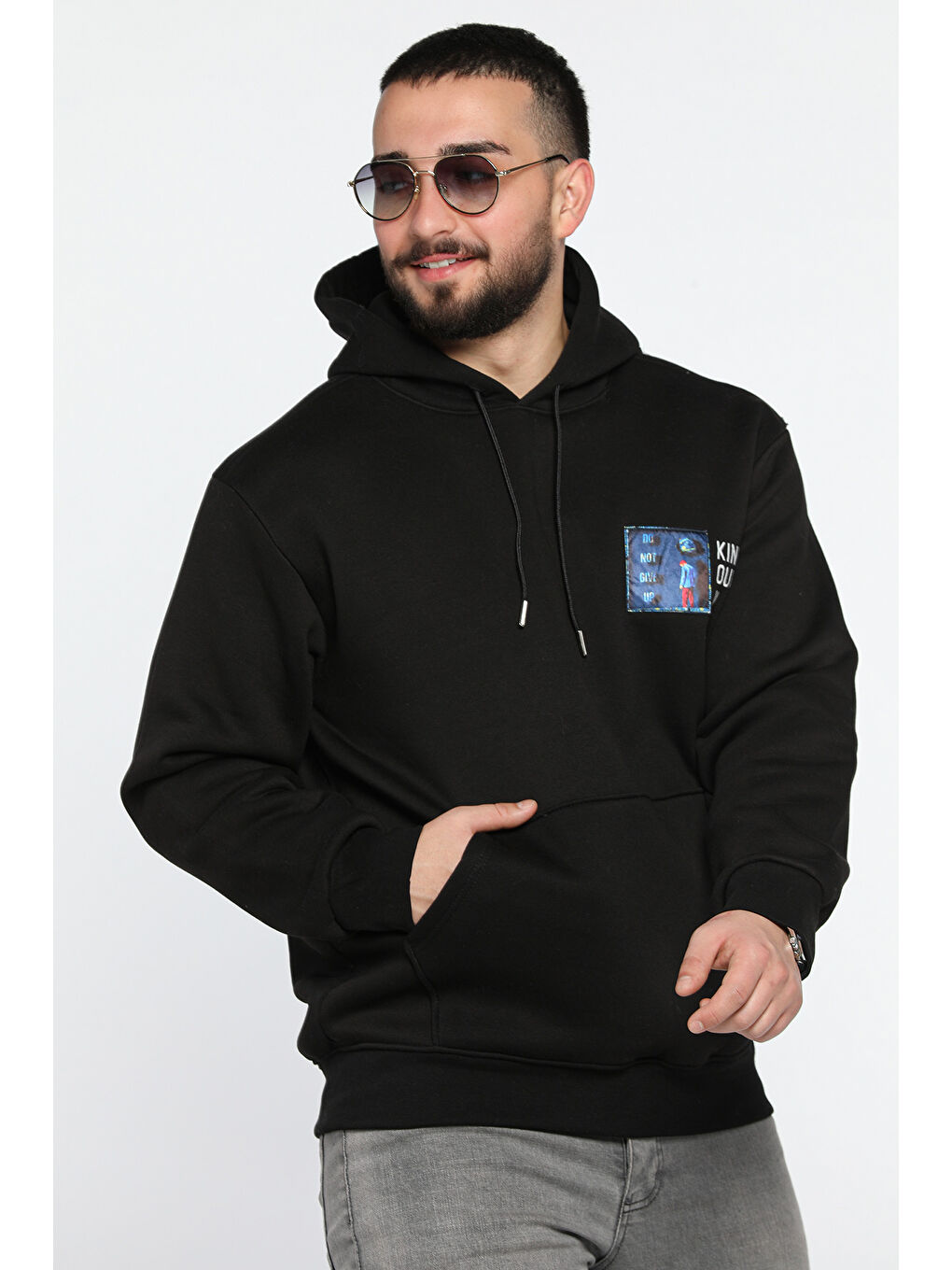 Mishar İtalia Siyah Baskılı Üç İplik Şardonlu Erkek Kapüşonlu Sweatshirt - 1