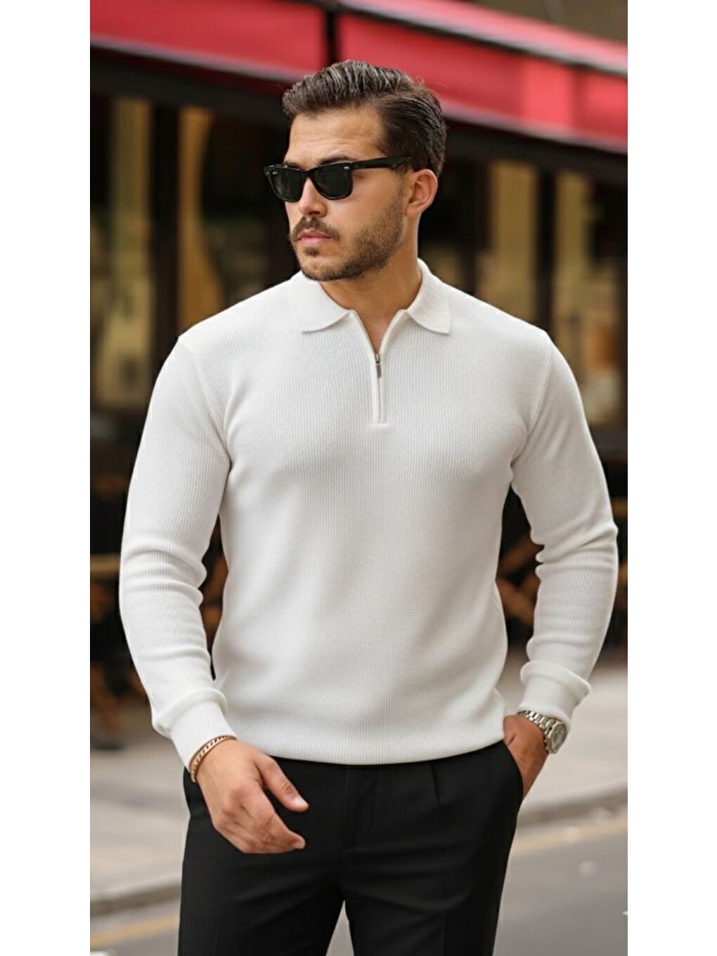 Beyaz Erkek Selanik örme Yakalı Uzun Kollu Triko