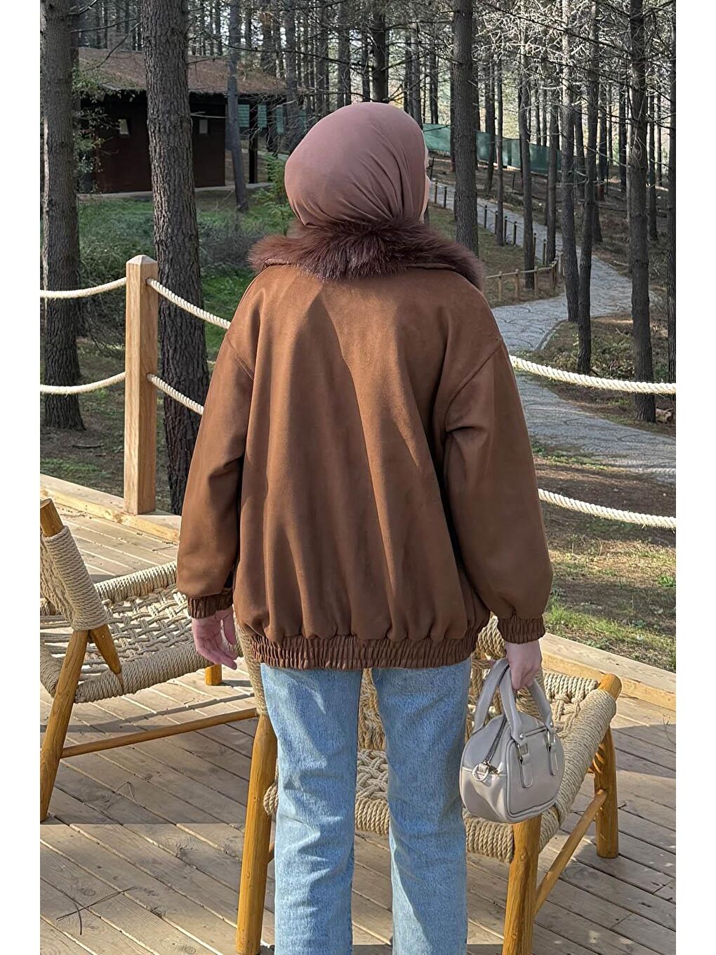 Kürk Yaka Cepli Mont Kahverengi-3