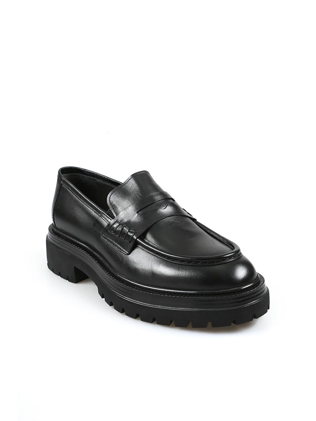 Siyah %100 Deri Yüksek Taban Loafer Ayakkabı-1