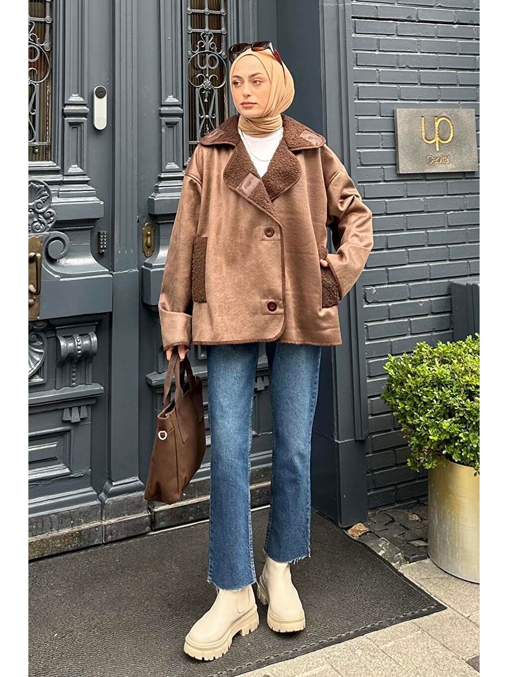 Süet Düğmeli Mont Acı Kahverengi