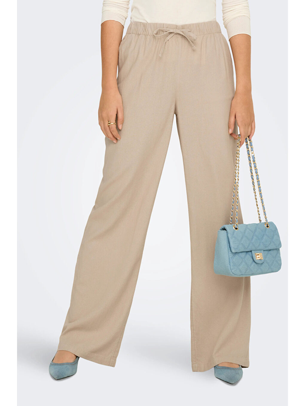 Bej Onlgoa Keten Karışımlı Straight Fit Orta Bel Kadın Pantolon 15363676