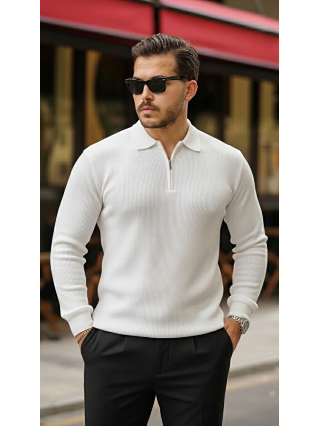 Beyaz Erkek Selanik örme Yakalı Uzun Kollu Triko-2