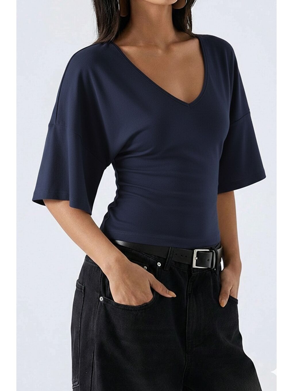 Lacivert Kadın Yarasa Kol V Yaka Elastanlı Bluz & Tişört