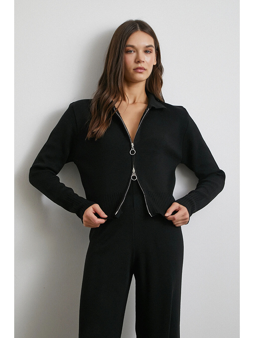 Çift Fermuarlı Hırka Takım Siyah-3