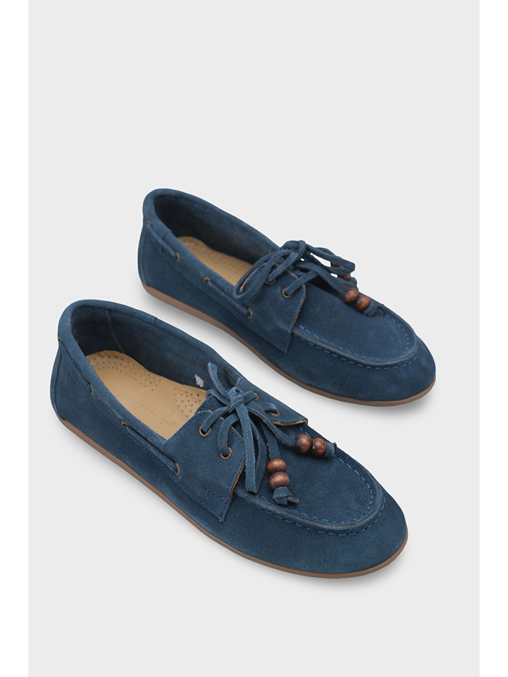 Mavi Vicki Hakiki Deri Süet Bağcıklı Boncuklu Konfor Kadın Loafer Tekne Ayakkabısı-5