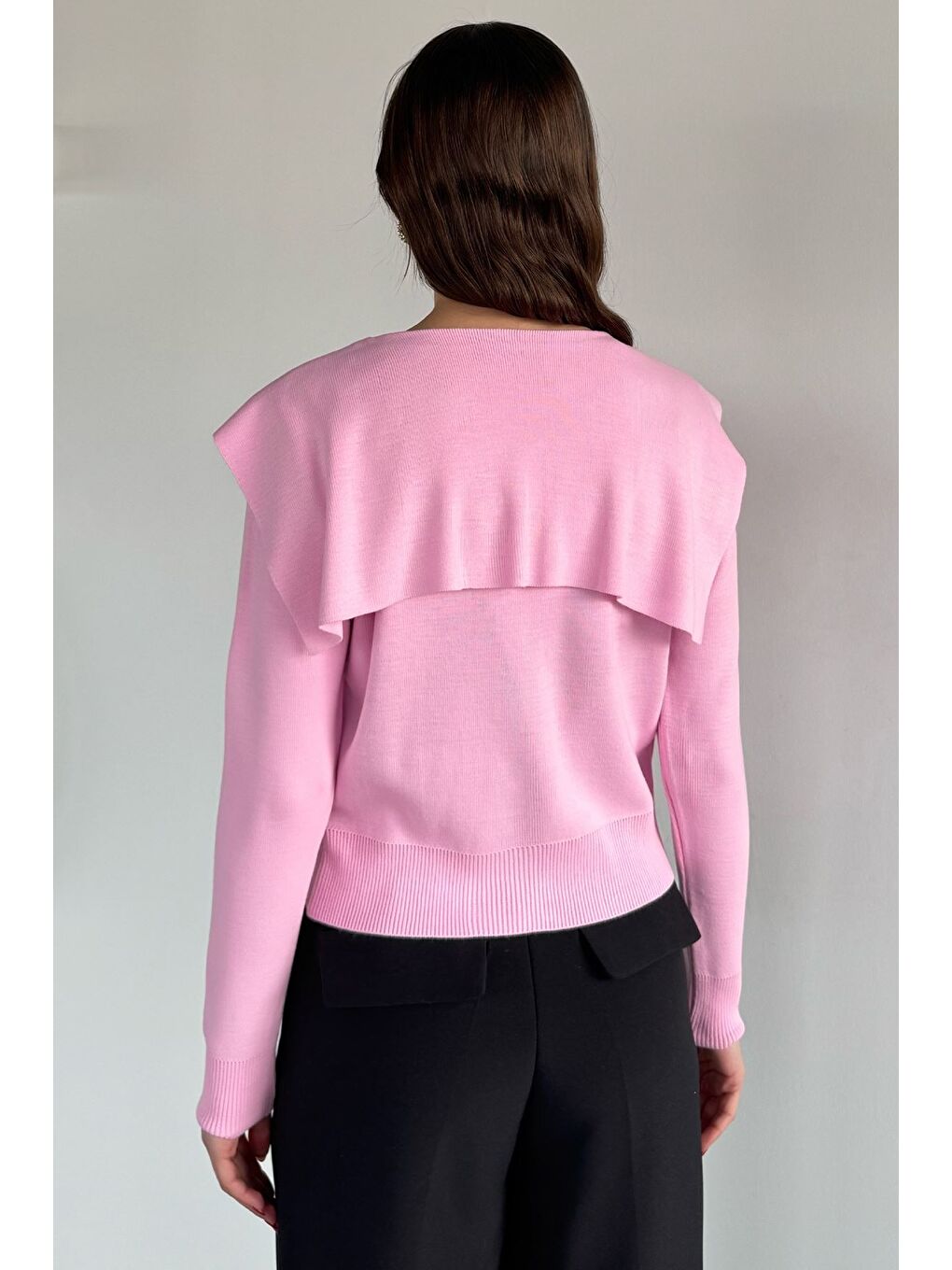 Pembe Kadın Bebe Yaka Fermuarlı Triko Bluz-3