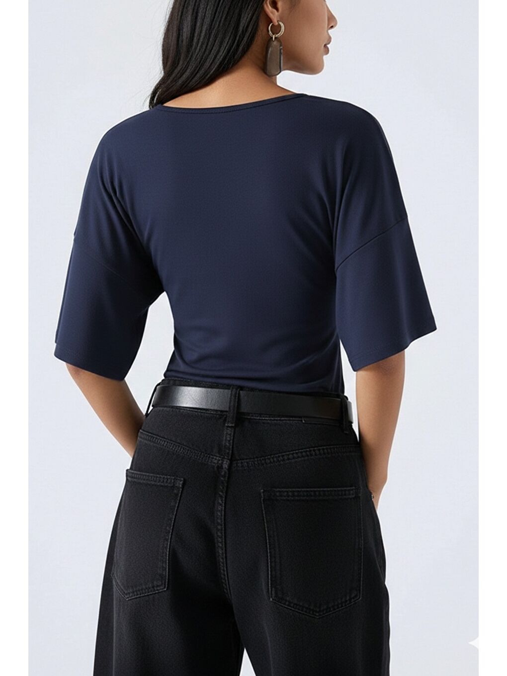 Lacivert Kadın Yarasa Kol V Yaka Elastanlı Bluz & Tişört-1