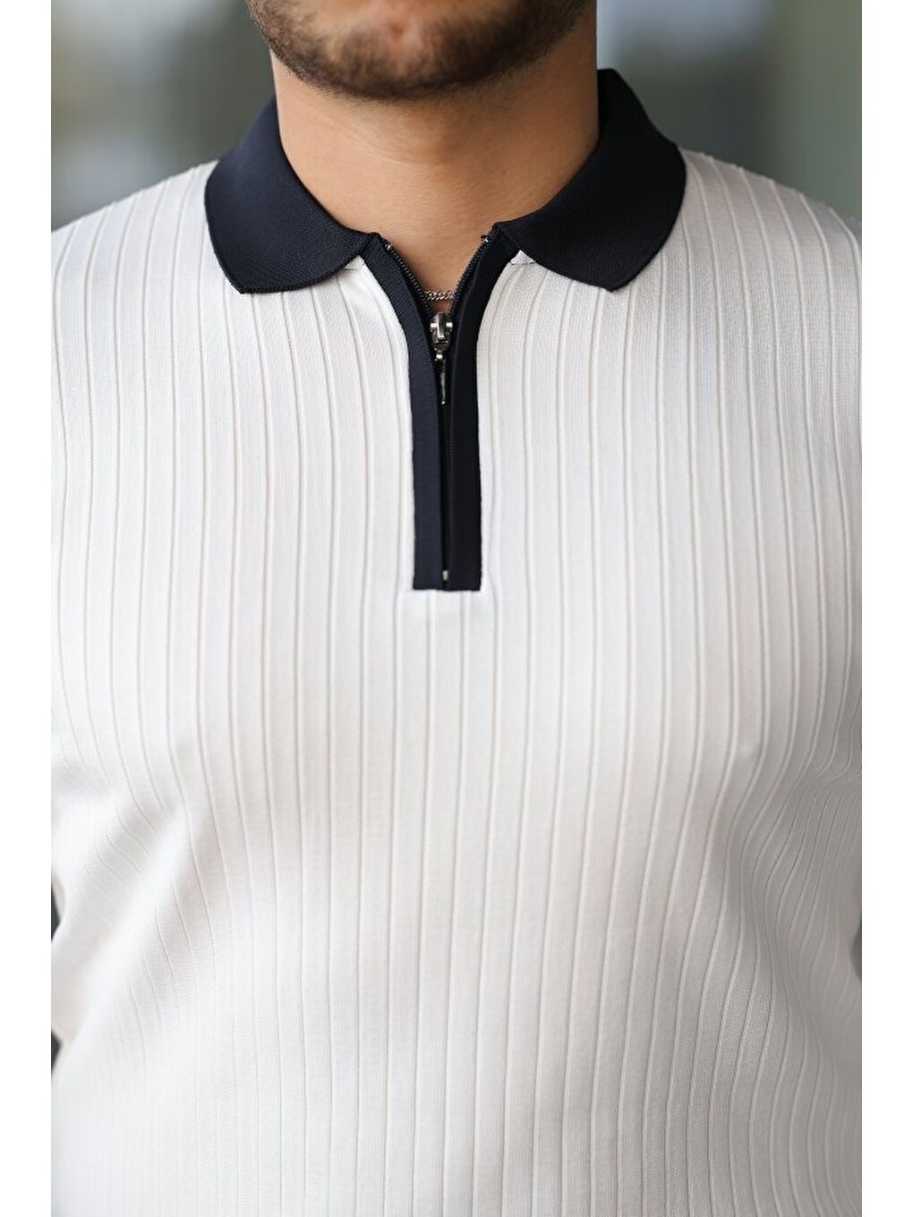 Beyaz Erkek Kol Ve Yaka Detaylı Uzun Kollu Triko-2