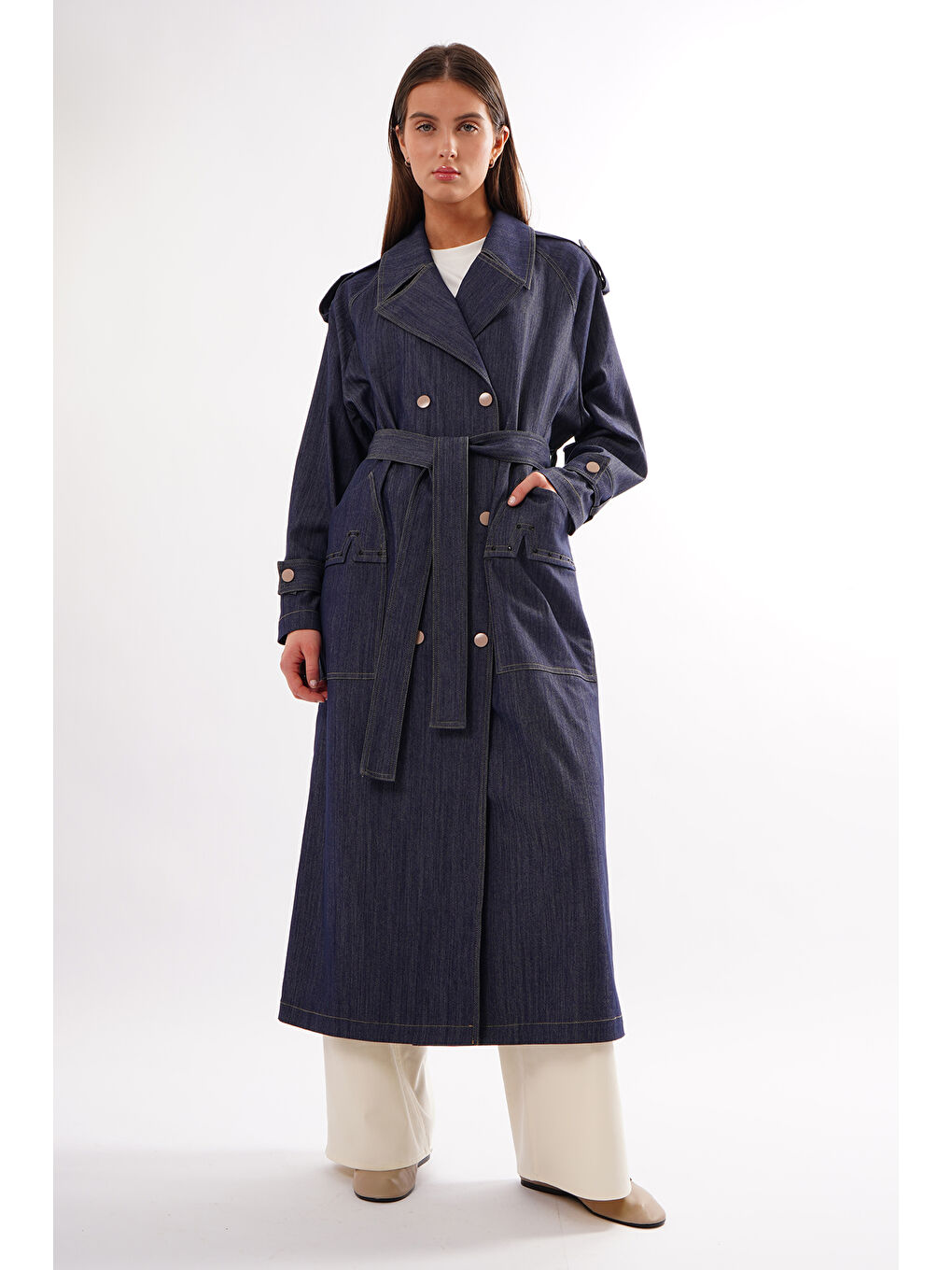 Mavi Önden Kruvaze Çıtçıt Detay Denim Kap Ceket Trench 823 Denim-1