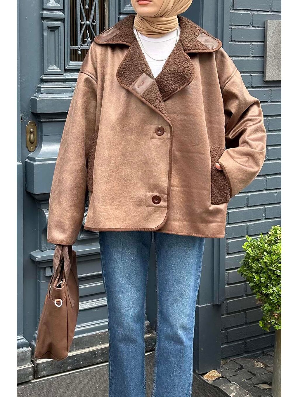 Süet Düğmeli Mont Acı Kahverengi-1