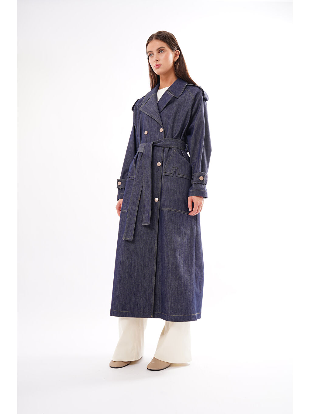 Mavi Önden Kruvaze Çıtçıt Detay Denim Kap Ceket Trench 823 Denim-2
