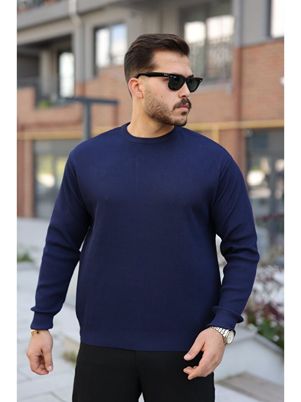 Lacivert Erkek Selanik Örme Bisiklet Yaka Triko