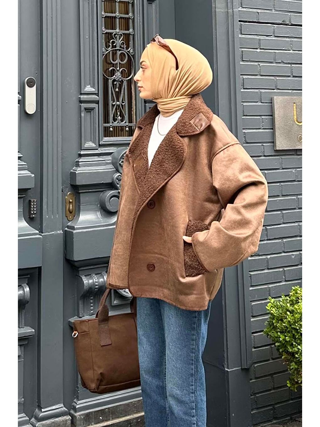 Süet Düğmeli Mont Acı Kahverengi-2
